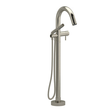 Chrome freestanding bathtub faucet with handheld shower on a white background