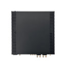 Black electronic module with metallic connectors on a white background