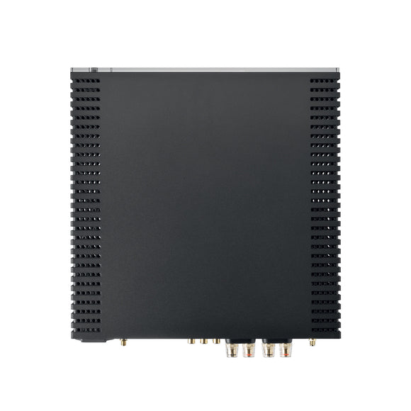 Black electronic module with metallic connectors on a white background