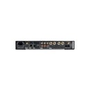 Back panel of an audio equipment with various connectors on a white background