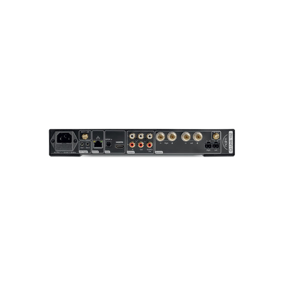 Back panel of an audio equipment with various connectors on a white background
