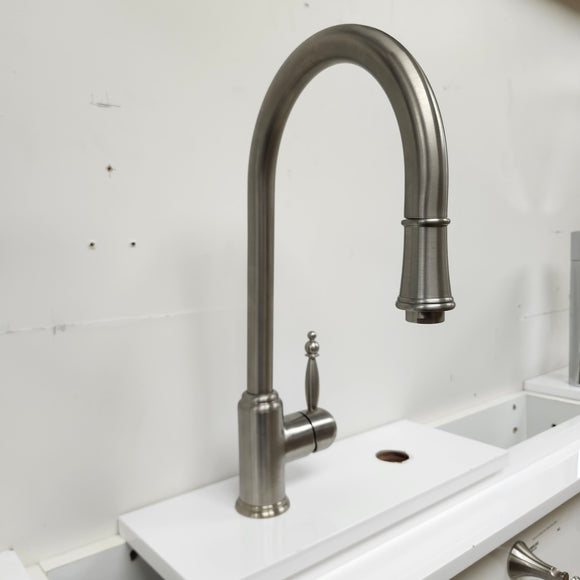 Brushed Nickel Kitchen GNeck Faucet with extending faucet head Floormodel Clearance as is