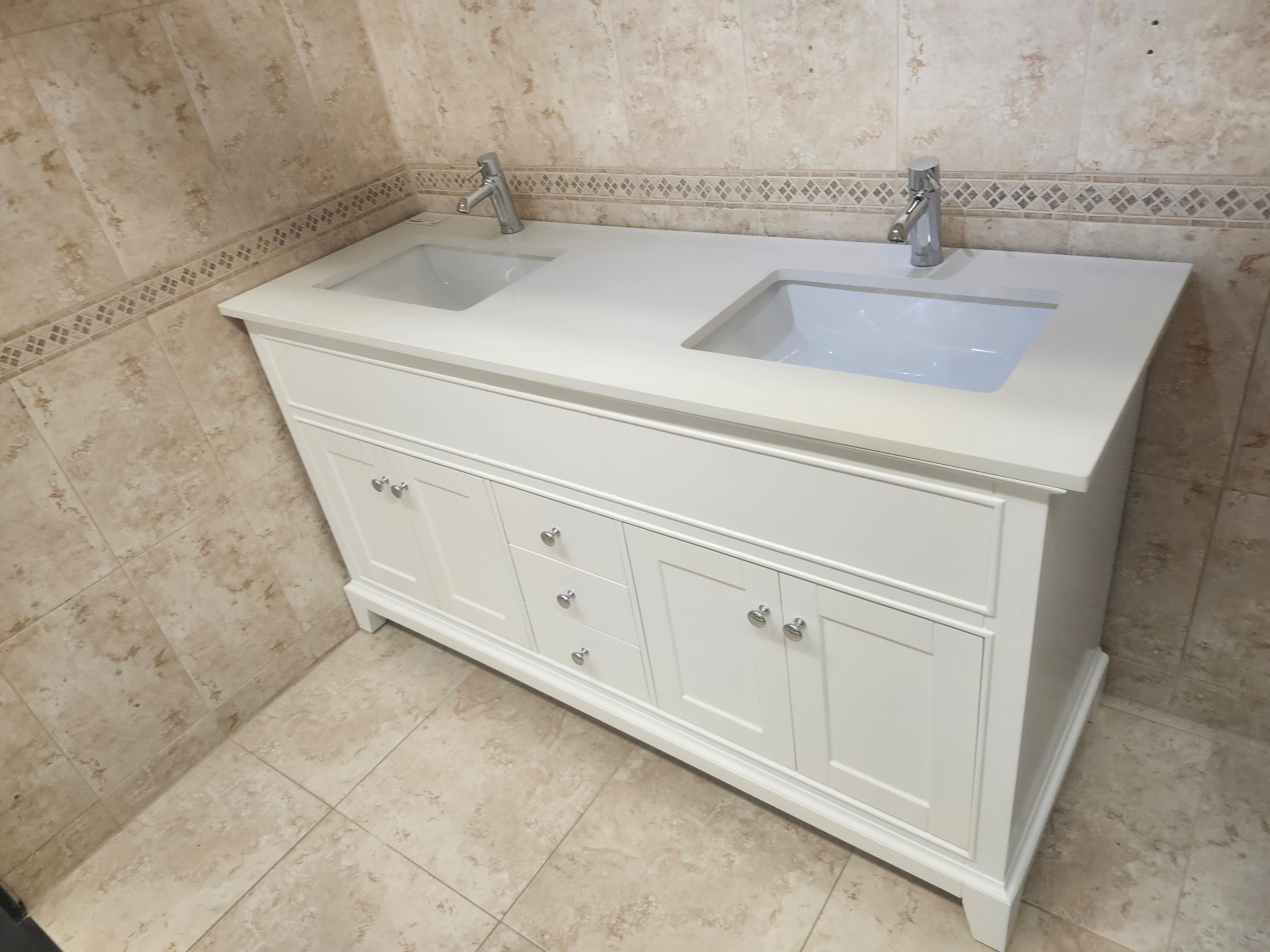 61" Riverfield White Vanity and Double Countertop Combo (as is)