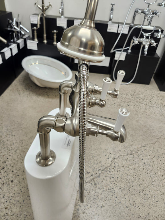Bathtub Tub Filler Brushed Nickle with hand held shower head Floor model as is no valve included