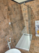 D&M shower door 84-104 chrome hardware clear doors 2 panel roller and shower base as is floor model m3-2