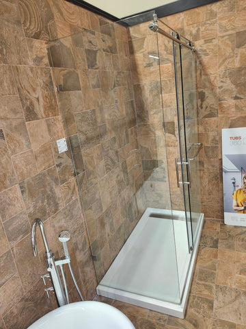 D&M shower door 84-104 chrome hardware clear doors 2 panel roller and shower base as is floor model m3 - 0
