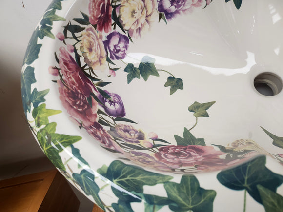 Kohler Artist Editions Drop In Bathroom Sink Flowers Peonies and Ivory Floormodel Clearance as is 25 1/4 x  17 x 9 1/4
