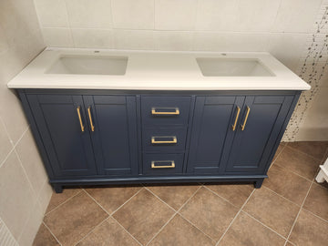 61" Madison Navy Vanity and Double Countertop Combo (as is)