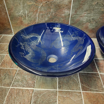 Tempered Glass Vessel Sink Decorative Dragons Floormodel Clearance As is m7