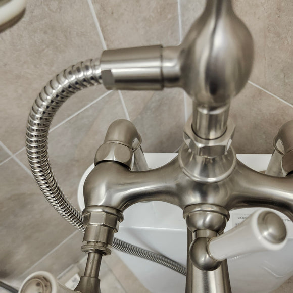 Bathtub Tub Filler Brushed Nickle with hand held shower head Floor model as is no valve included M8