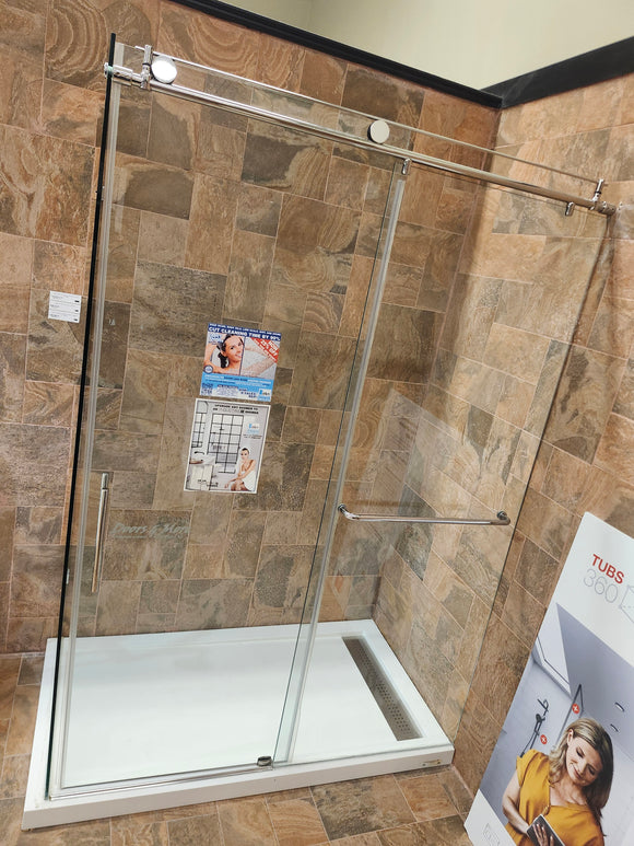 D&M shower door 84-104 chrome hardware clear doors 2 panel roller and shower base as is floor model m3