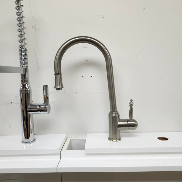Brushed Nickel Kitchen GNeck Faucet with extending faucet head Floormodel Clearance as is
