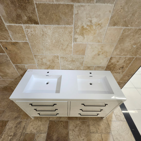 60" Aura Glossy White Plato Vanity with Double Countertop and Black Handles Combo Floormodel(as is) m9