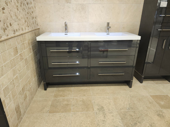 60" Aura Plato Glossy Charcoal Vanity with Double Countertop Combo (as is) i1