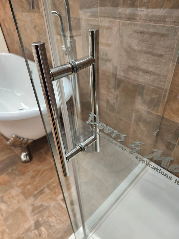 D&M shower door 84-104 chrome hardware clear doors 2 panel roller and shower base as is floor model m3