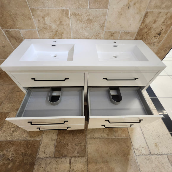 60" Aura Glossy White Plato Vanity with Double Countertop and Black Handles Combo Floormodel(as is) m9