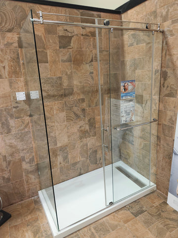 D&M shower door 84-104 chrome hardware clear doors 2 panel roller and shower base as is floor model m3
