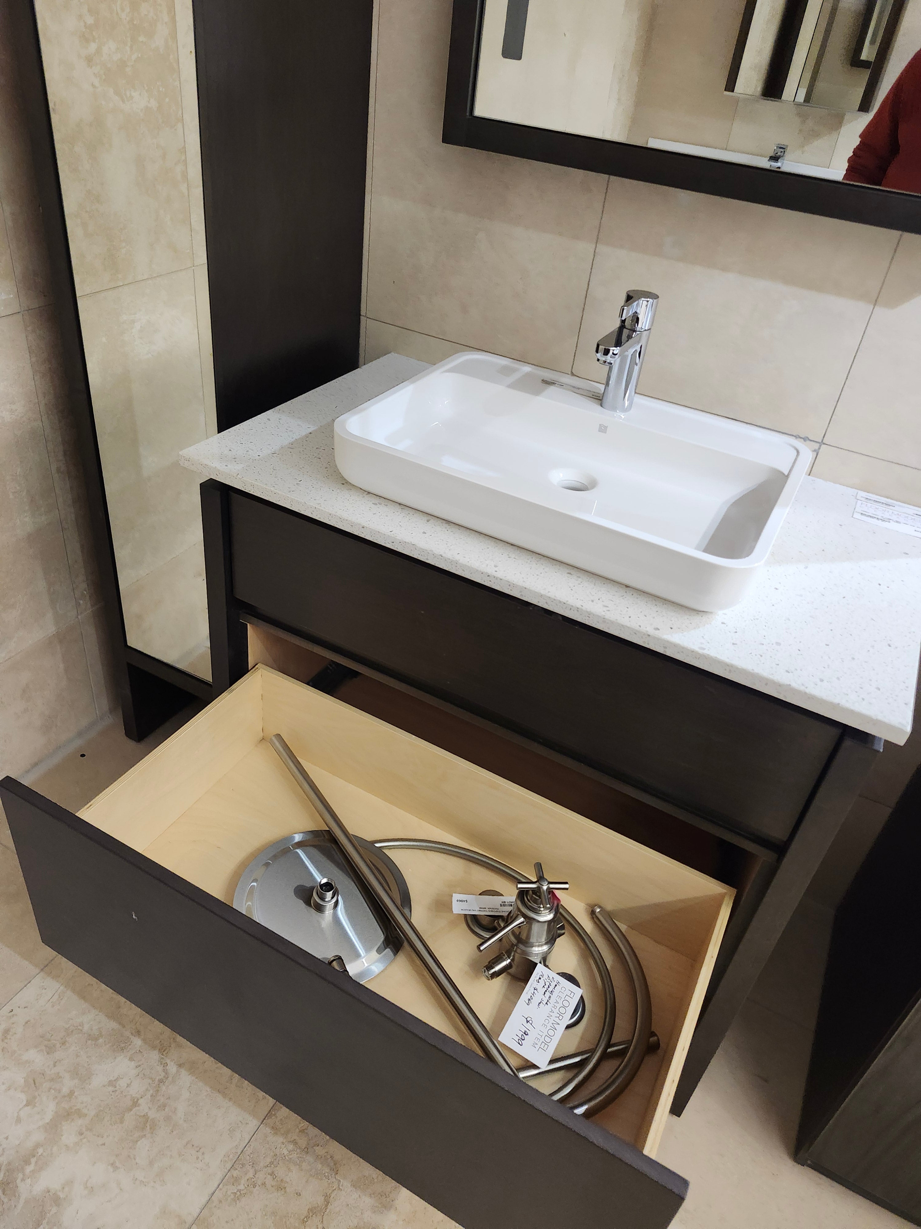 49" Vanico E129 Desk Vanity & Countertop Combo with Mirror and Linen (as is)