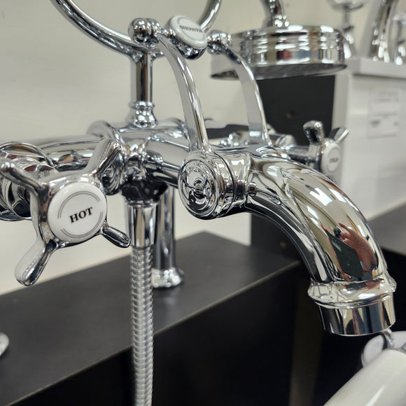 Hansgrohe Axor Series Tub Filler Faucet Montreux Cross Handles Chrome Floormodel Clearance as is Includes Hand Held Shower Head