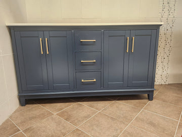 61" Madison Navy Vanity and Double Countertop Combo (as is) - 0