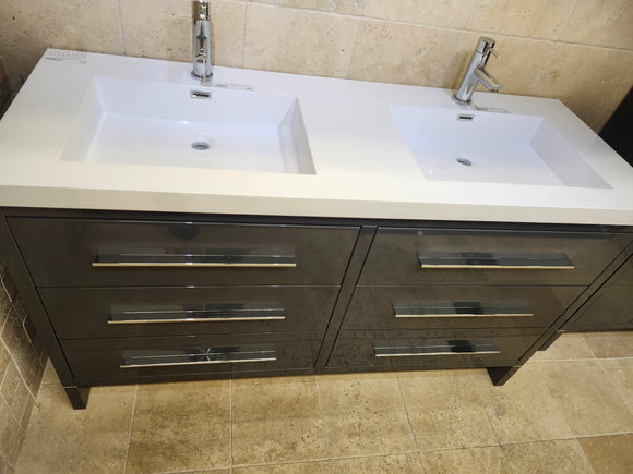60" Aura Plato Glossy Charcoal Vanity with Double Countertop Combo (as is) i1