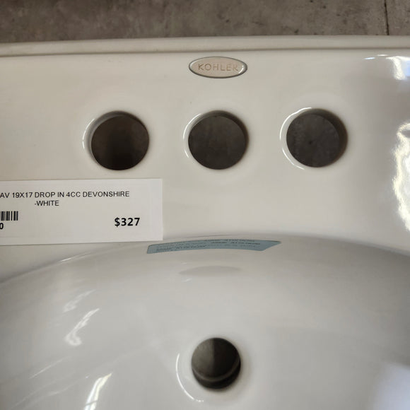 Kohler 19 x 17 Bathroom Sink Devonshire 8CC 3 Hole Predrilled Vanity Sink K2279-4  Biscuit Floormodel Clearance As Is m10