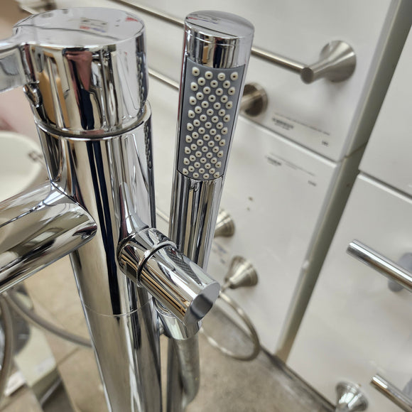 Vida V-Style Floormount Tub Filler with Hand Held Shower Head and Round Handle Floormodel Clearance as Is