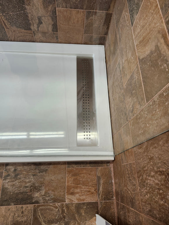 D&M shower door 84-104 chrome hardware clear doors 2 panel roller and shower base as is floor model m3