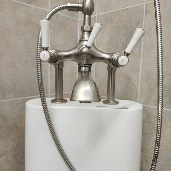 Bathtub Tub Filler Brushed Nickle with hand held shower head Floor model as is no valve included M8