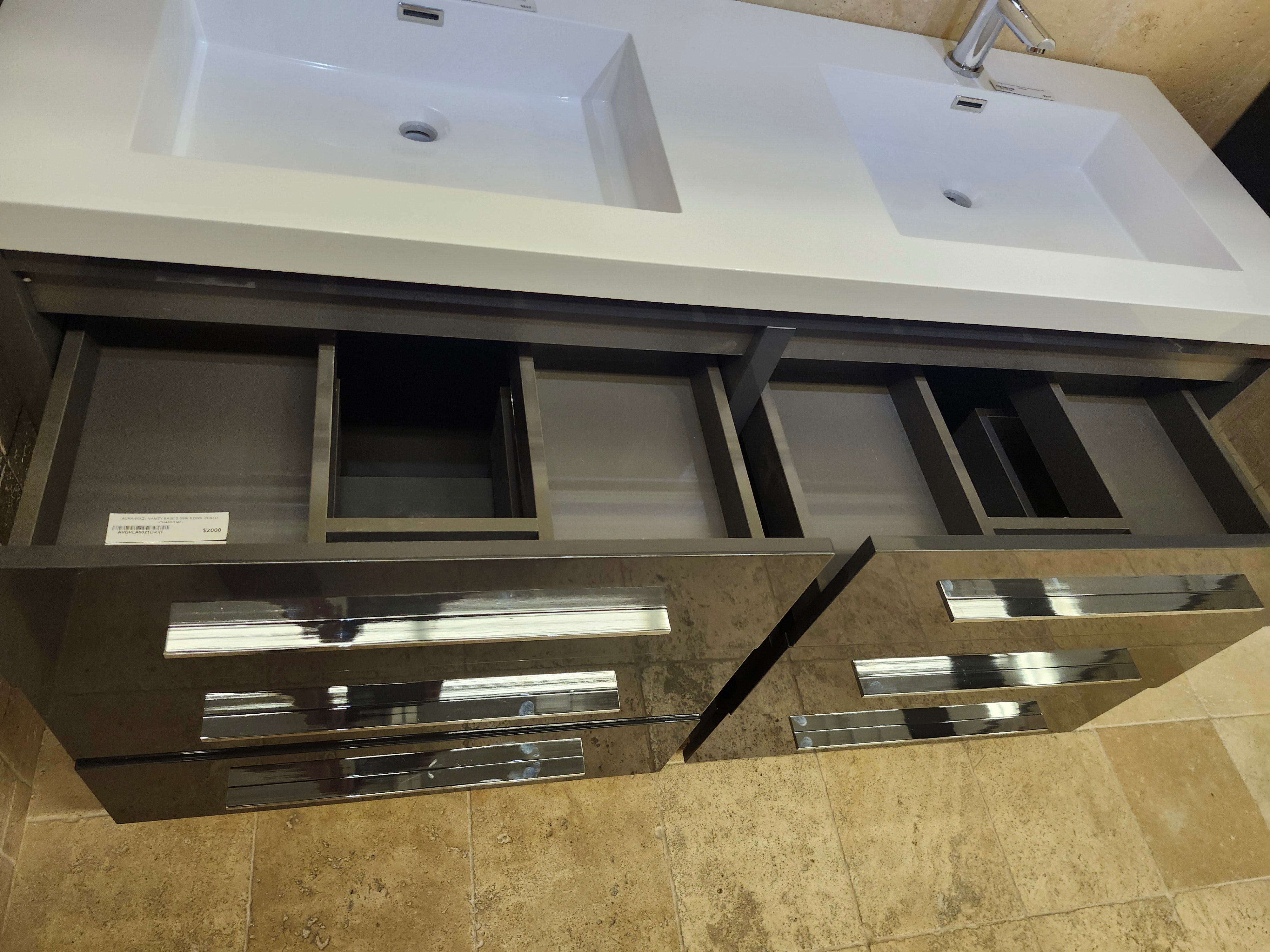 60" Aura Plato Glossy Charcoal Vanity with Double Countertop Combo (as is)