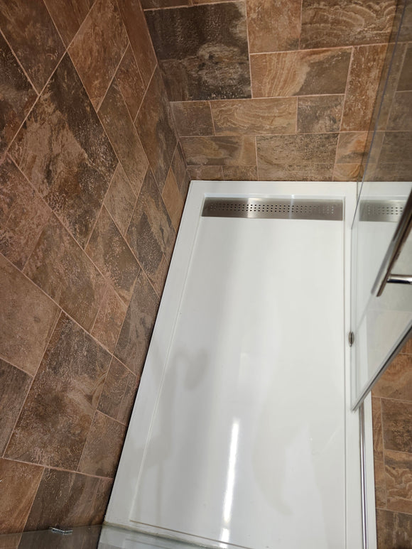D&M shower door 84-104 chrome hardware clear doors 2 panel roller and shower base as is floor model m3