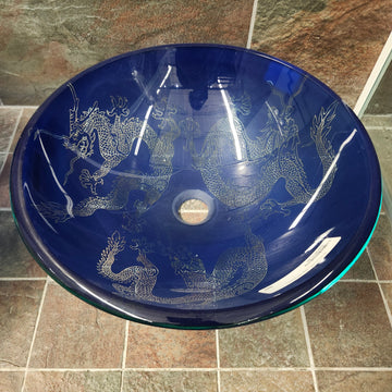 Tempered Glass Vessel Sink Decorative Dragons Floormodel Clearance As is m7